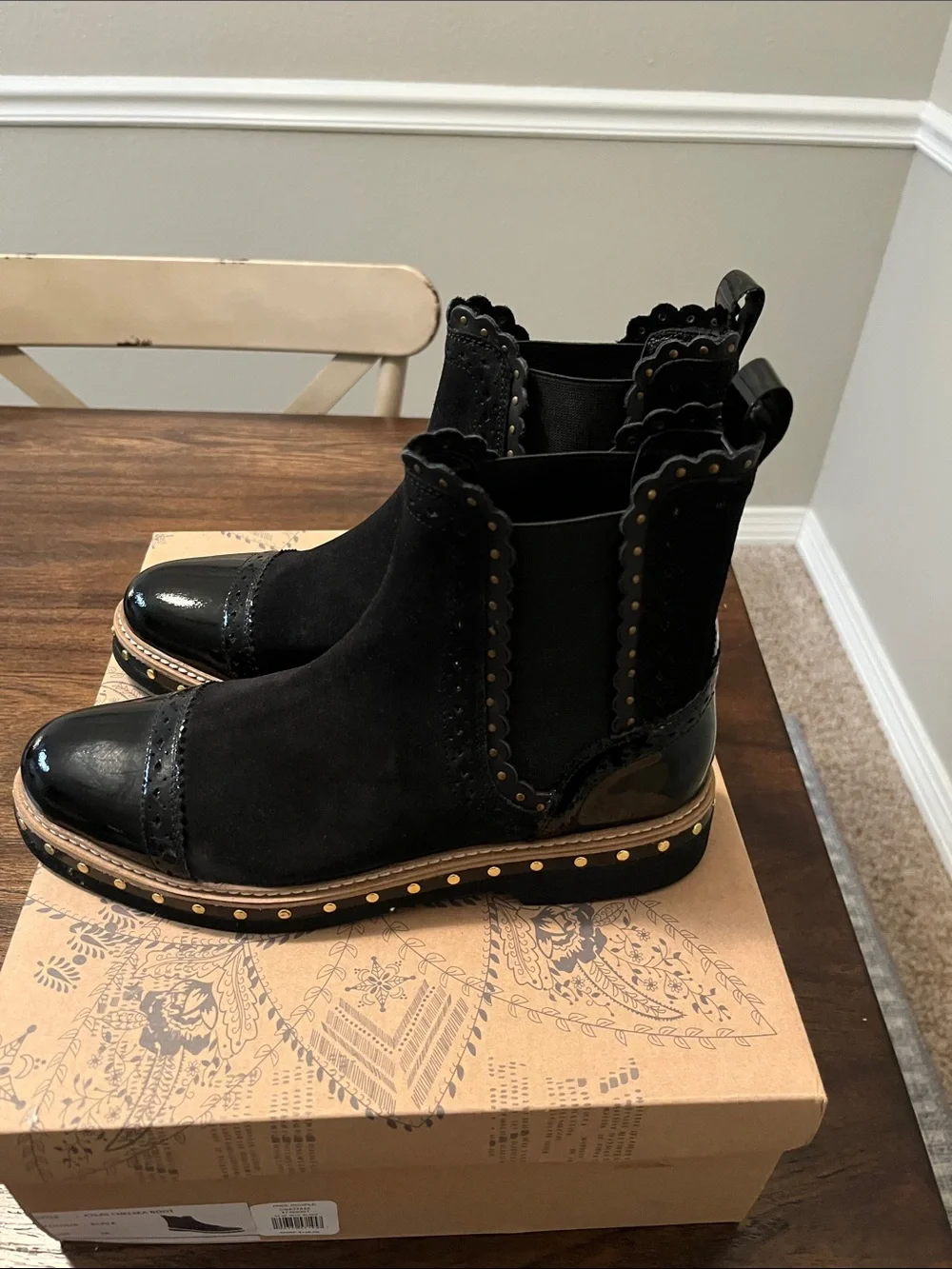 NWT Free People Black Suede & Patent Cap-Toe Studded Atlas Chelsea Boot